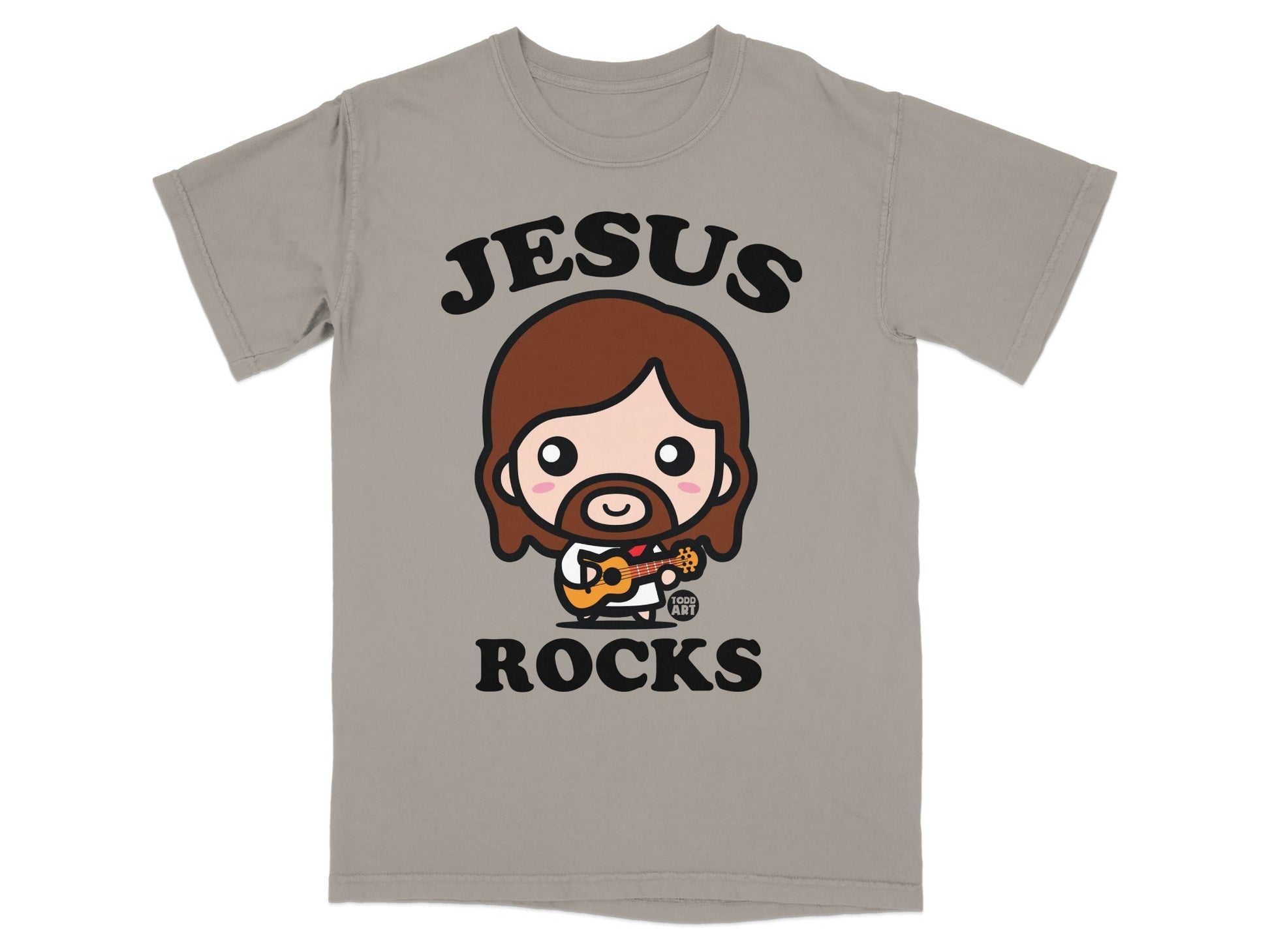 Chibi Jesus playing guitar, text "JESUS ROCKS" on grey t-shirt.
