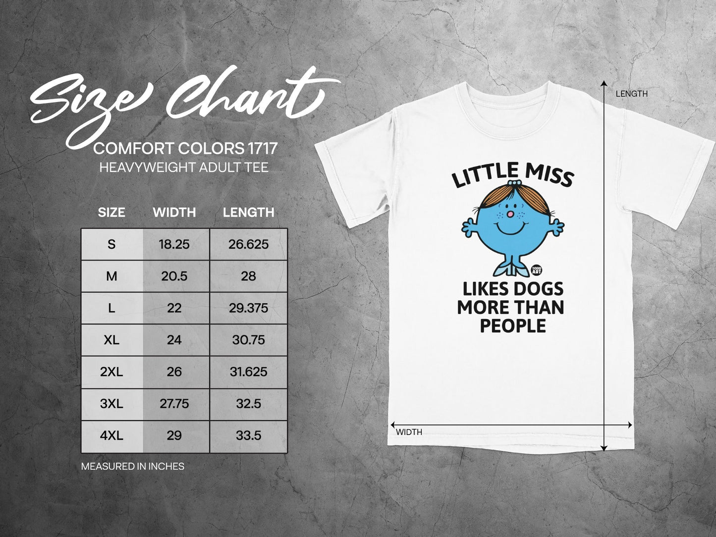 Comfort Colors size chart for heavyweight adult tee with "Little Miss Likes Dogs More Than People" graphic.