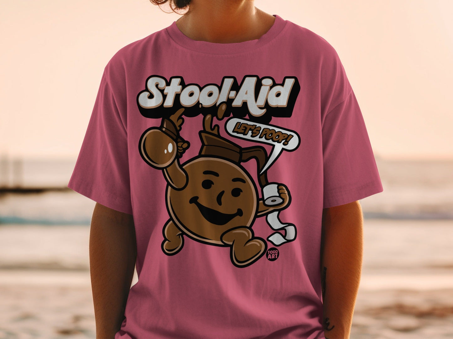 Stool-Aid t-shirt with cartoon character holding toilet paper and saying "Let's Poop!".