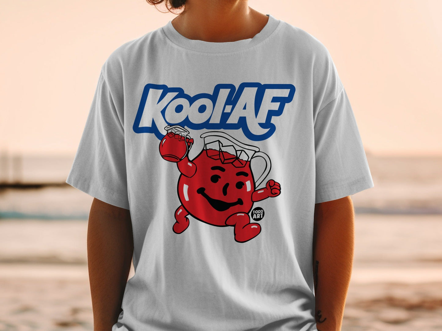 Kool-Aid pitcher character with "Kool-AF" text on a white t-shirt.