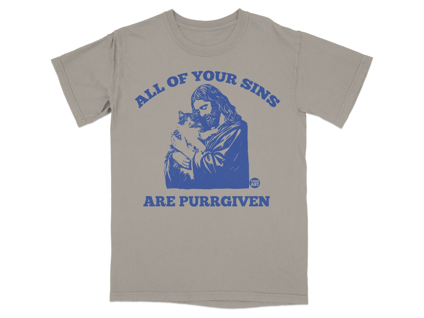 Jesus holding a cat with text "ALL OF YOUR SINS ARE PURRGFIVEN".