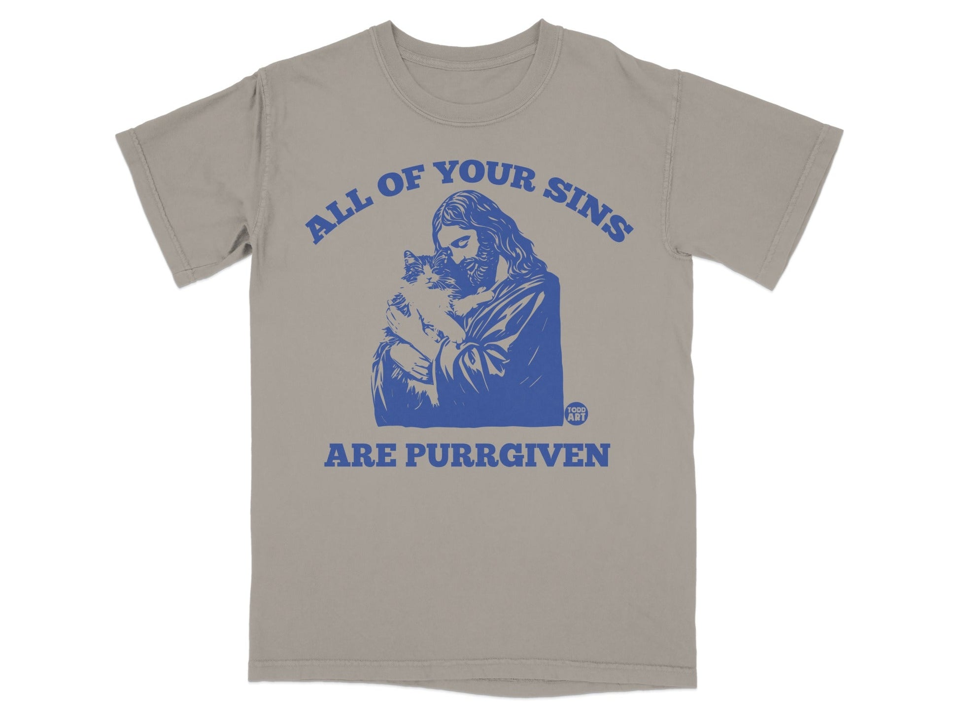Jesus holding a cat with text "ALL OF YOUR SINS ARE PURRGFIVEN".