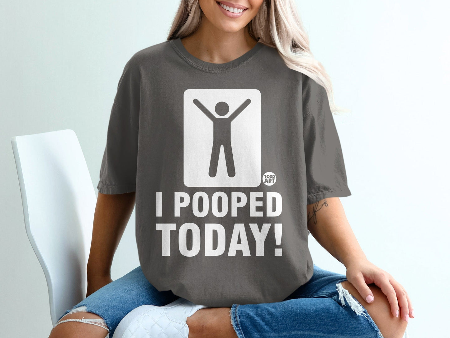 Dark grey t-shirt with a white stick figure and "I POOPED TODAY!" text.