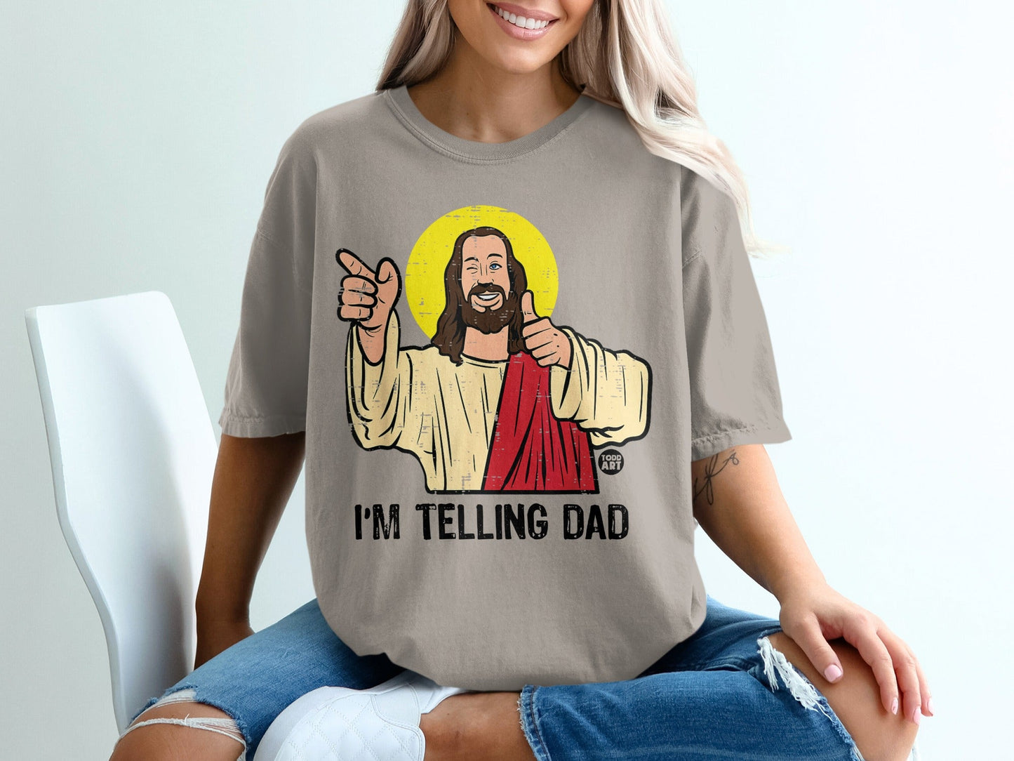 Jesus giving thumbs up and pointing, "I'M TELLING DAD" text.