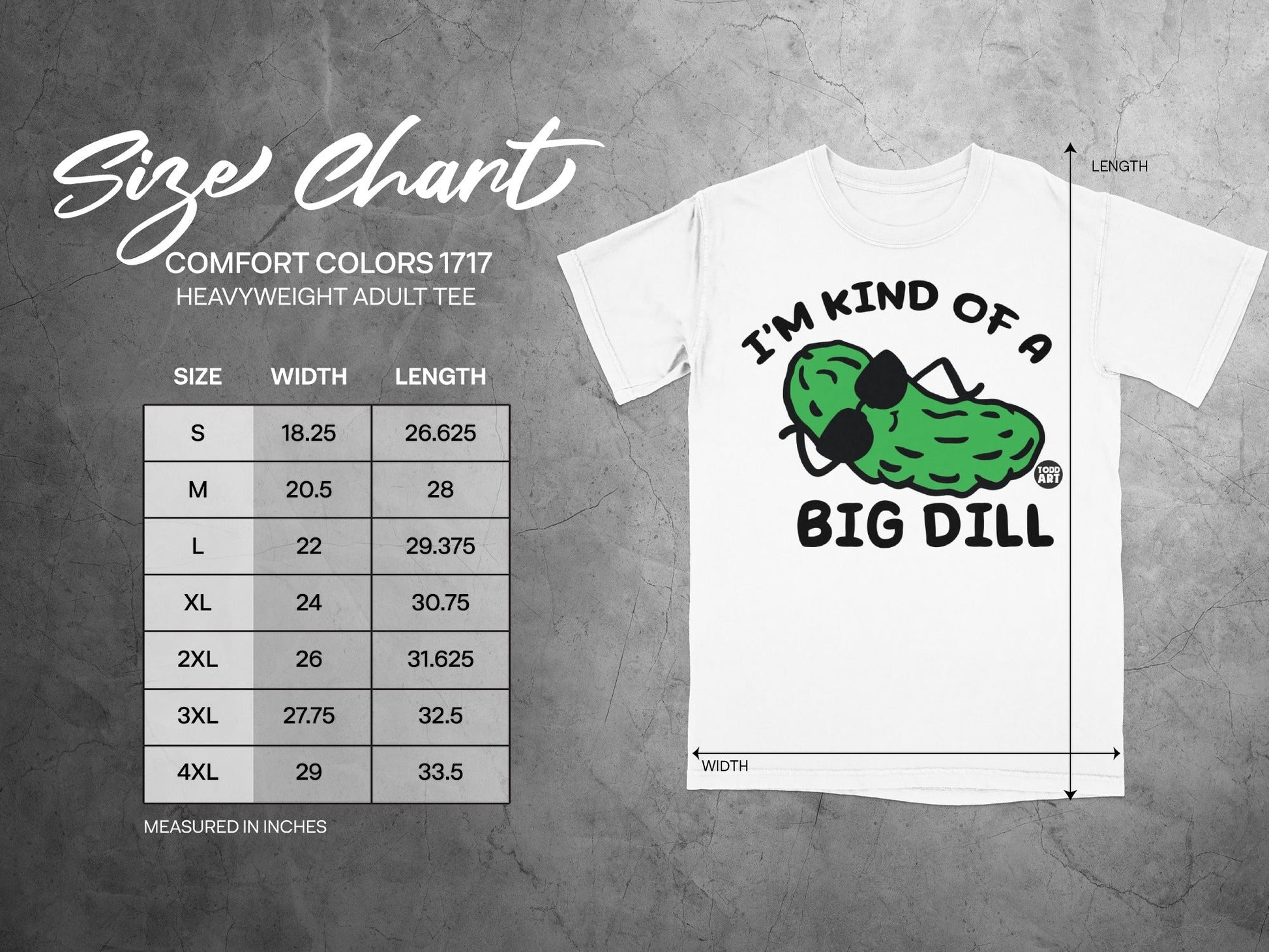 Size chart for Comfort Colors 1717 heavyweight t-shirt with cartoon pickle graphic.