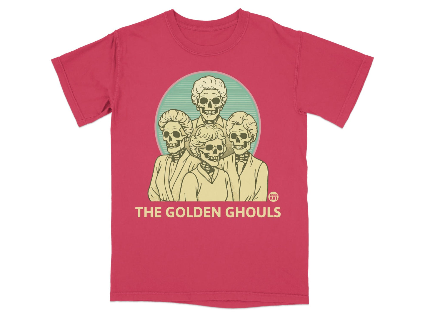 Red t-shirt featuring four skeleton figures in a circle with "The Golden Ghouls" text.
