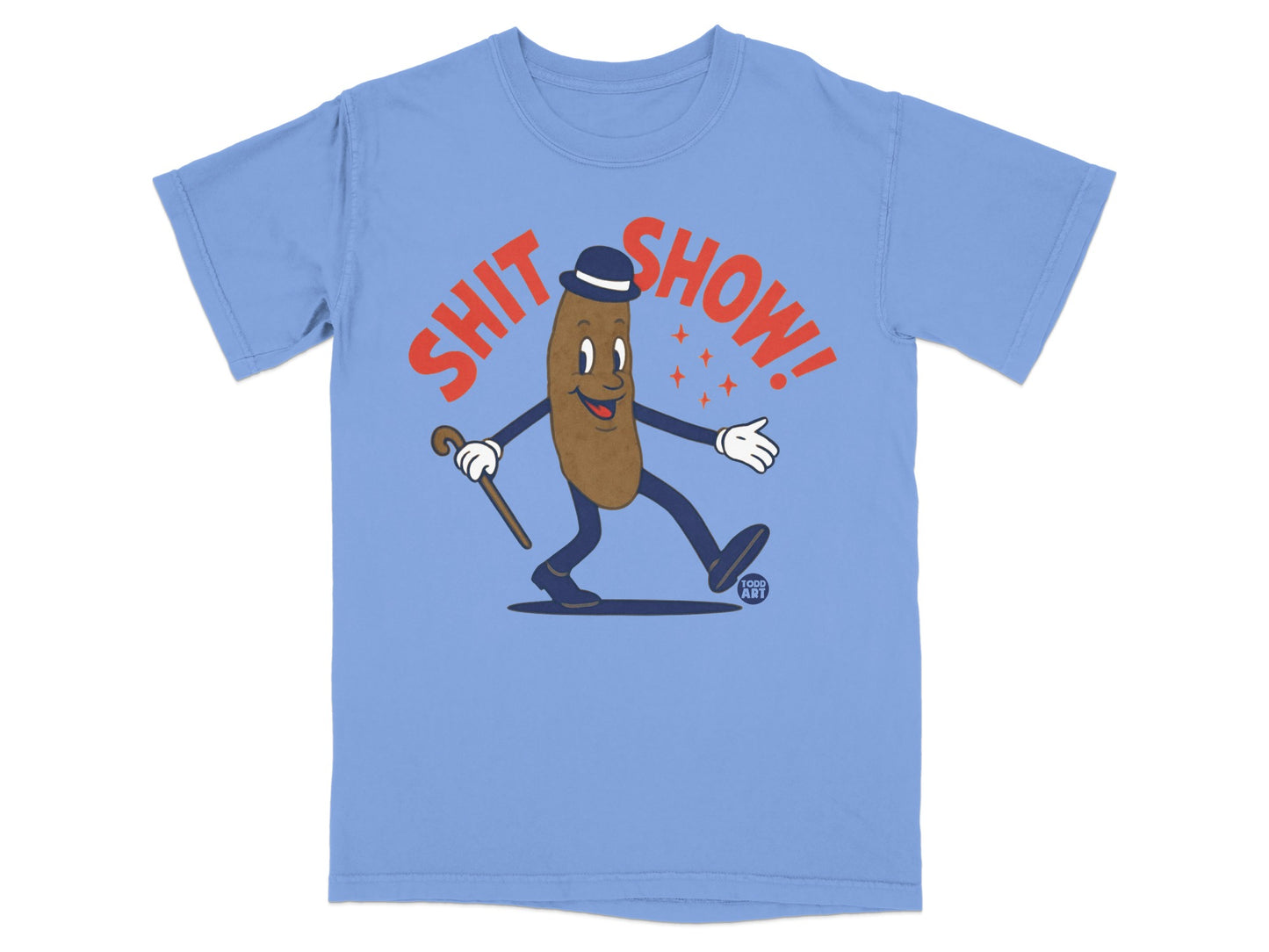 Brown cartoon character in a hat and suit, dancing with cane, text "SHIT SHOW!"
