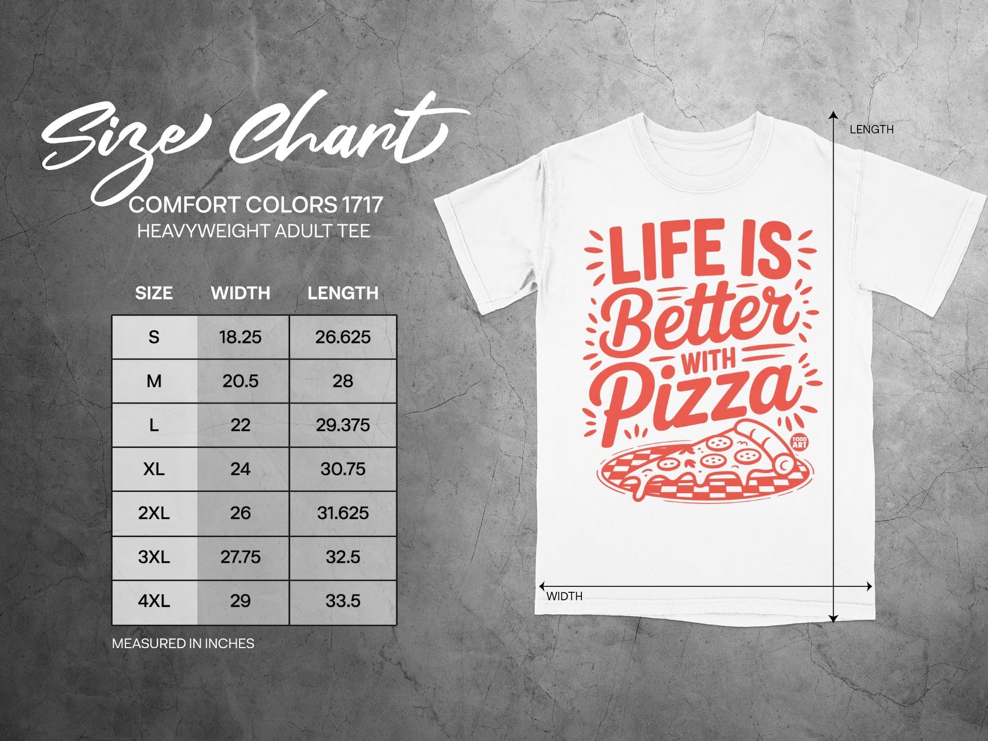 Size chart for Comfort Colors 1717 heavyweight adult tee with pizza graphic.
