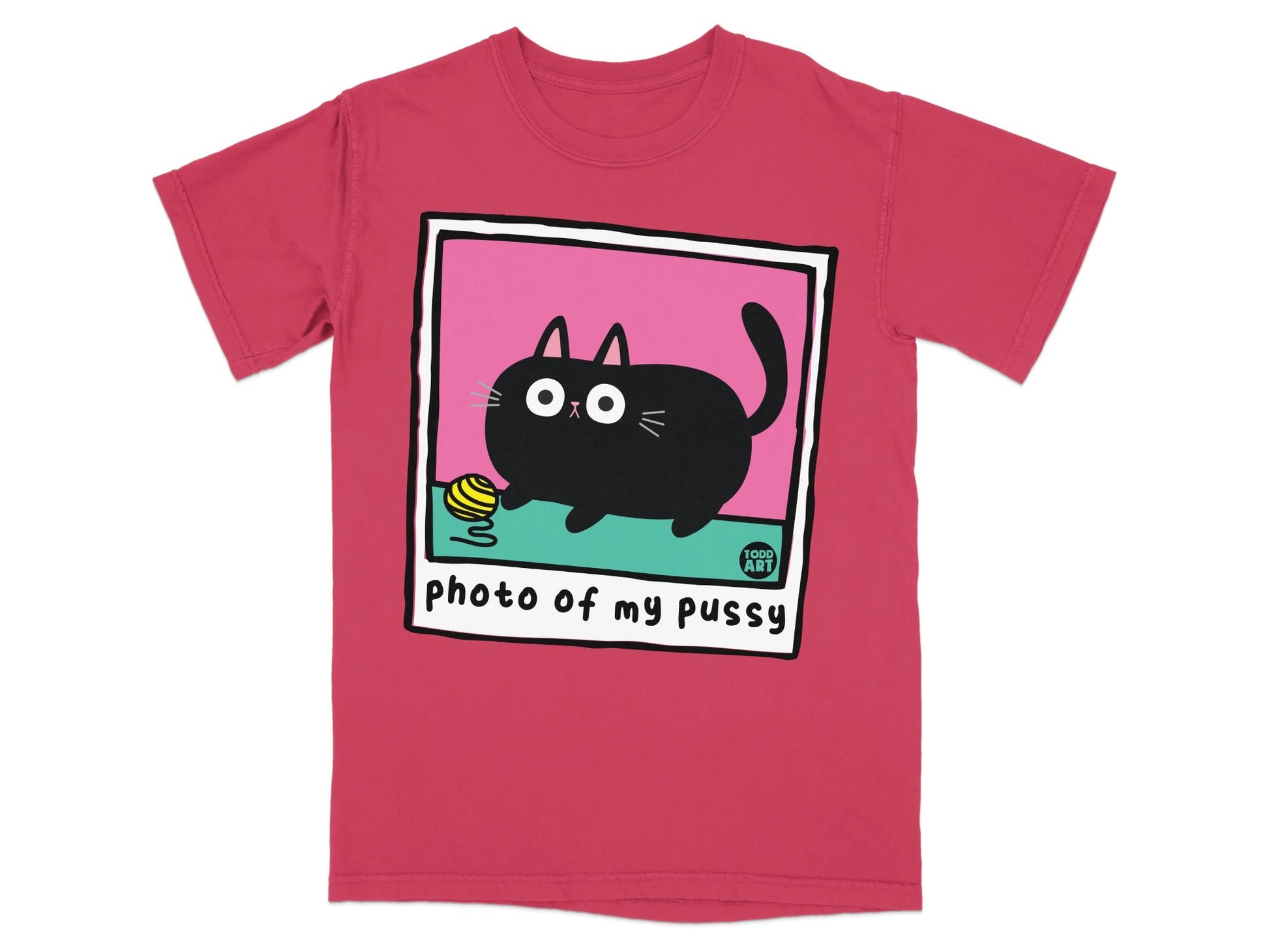 Pink t-shirt with a cartoon black cat and yarn, reads "photo of my pussy".