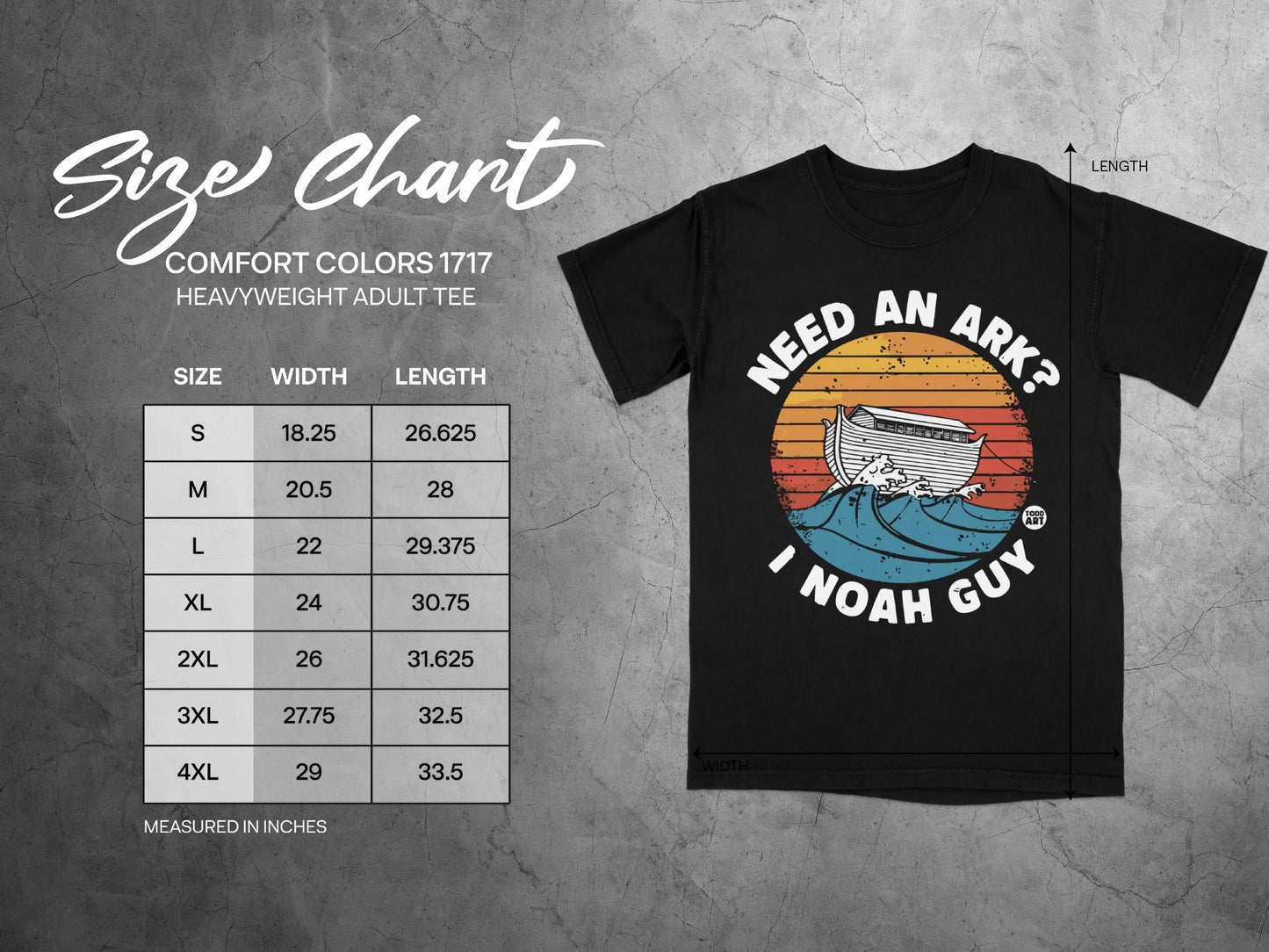 Comfort Colors 1717 size chart for heavyweight adult tee with Noah's Ark graphic.
