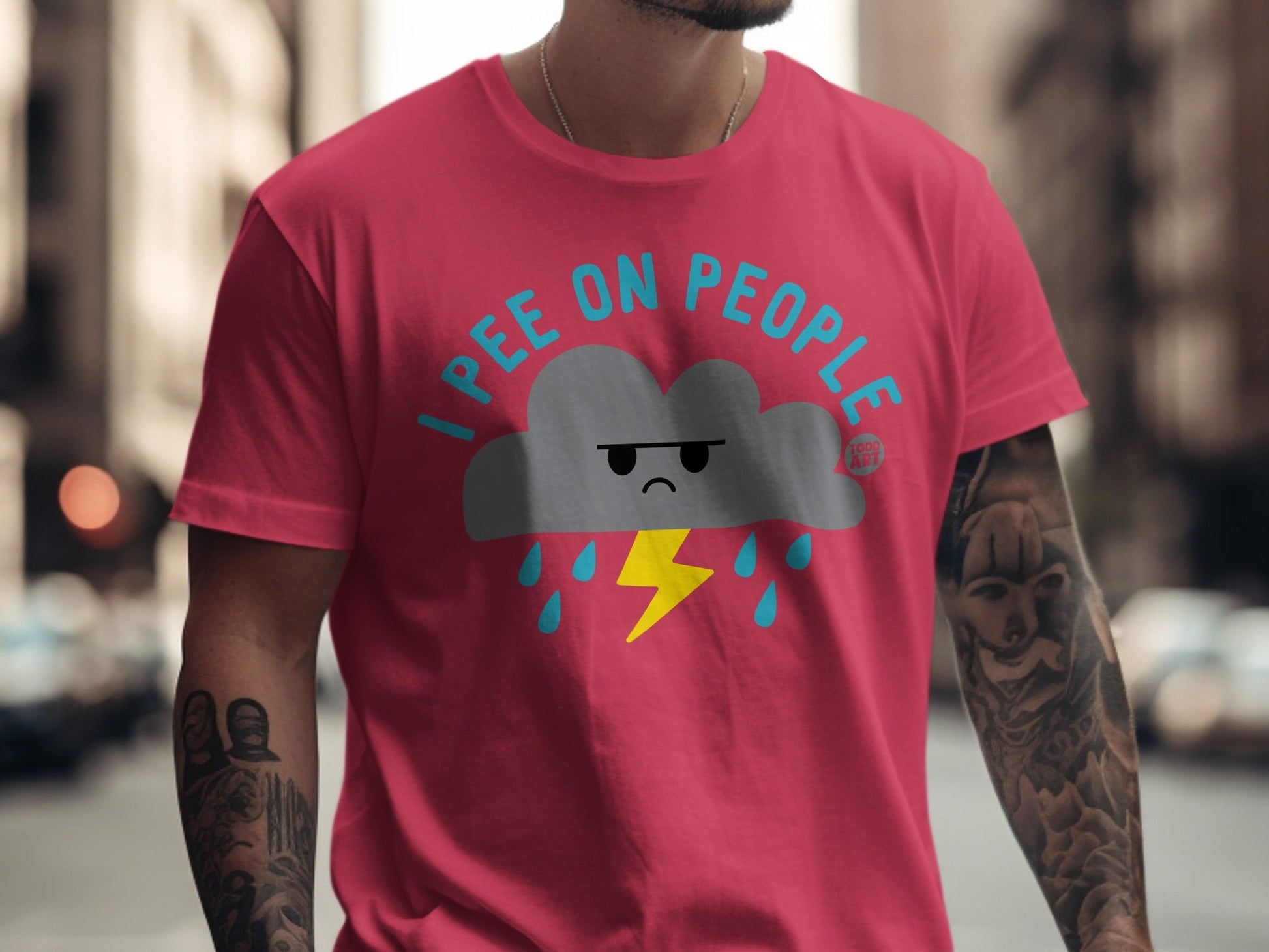 Red t-shirt with cartoon cloud, raindrops, and lightning bolt, reads "I pee on people".