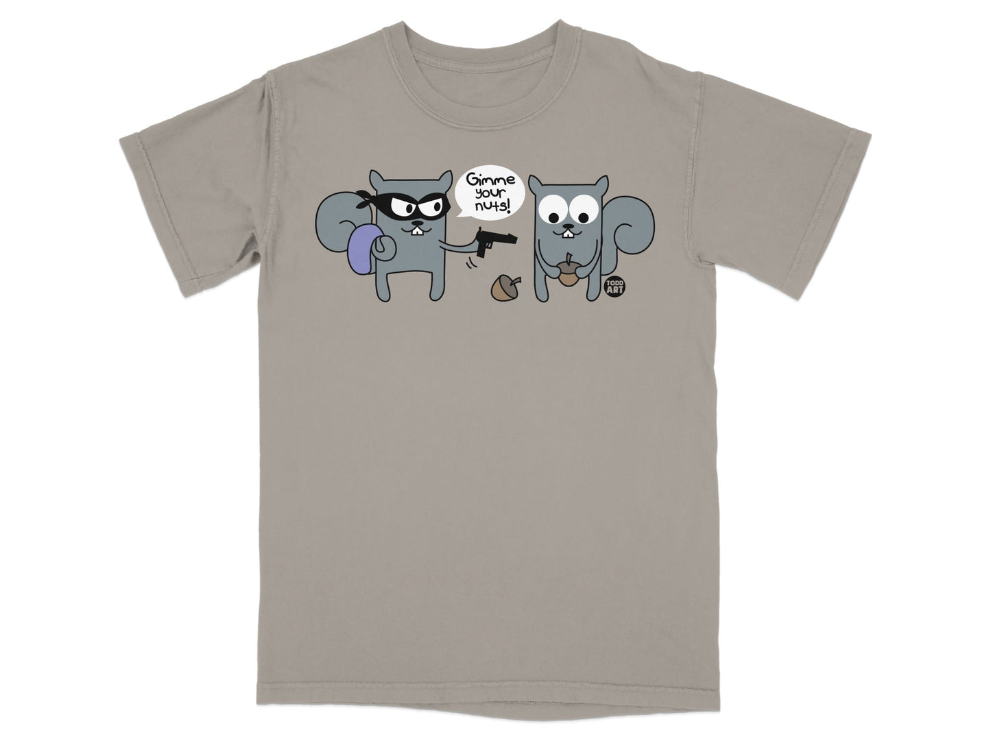 T-shirt graphic of a bandit squirrel robbing a squirrel of its acorn.