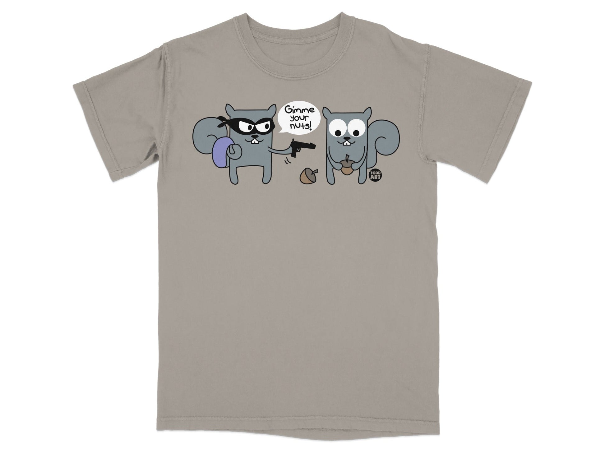 T-shirt graphic of a bandit squirrel robbing a squirrel of its acorn.