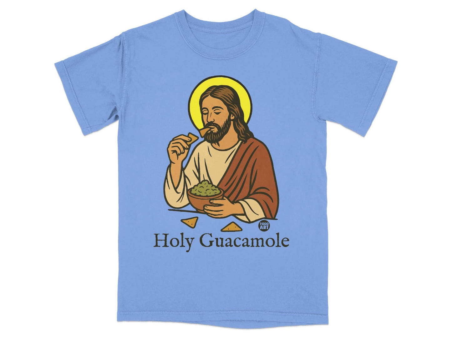 Jesus eating from a bowl of guacamole with chips, text "Holy Guacamole".