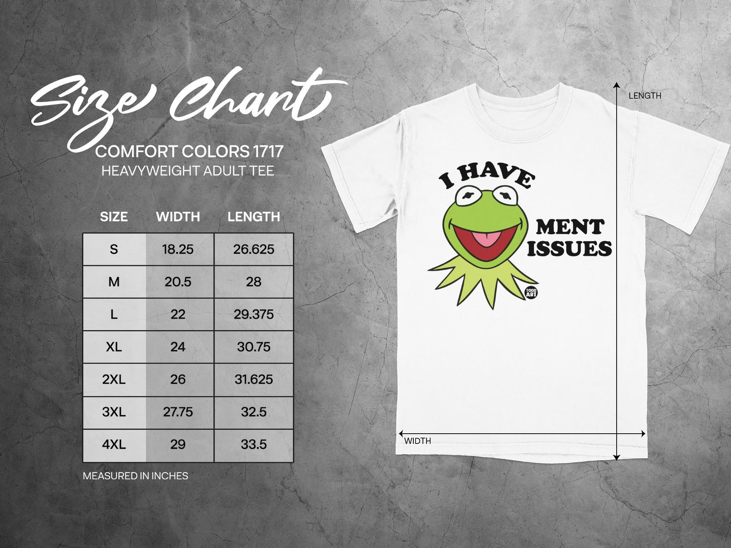 Kermit the Frog graphic on a size chart for Comfort Colors 1717 t-shirts.