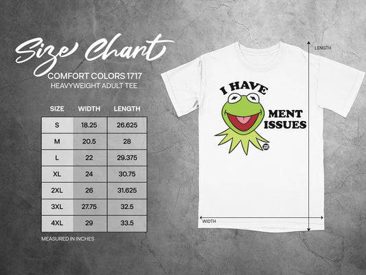 Kermit the Frog graphic on a size chart for Comfort Colors 1717 t-shirts.