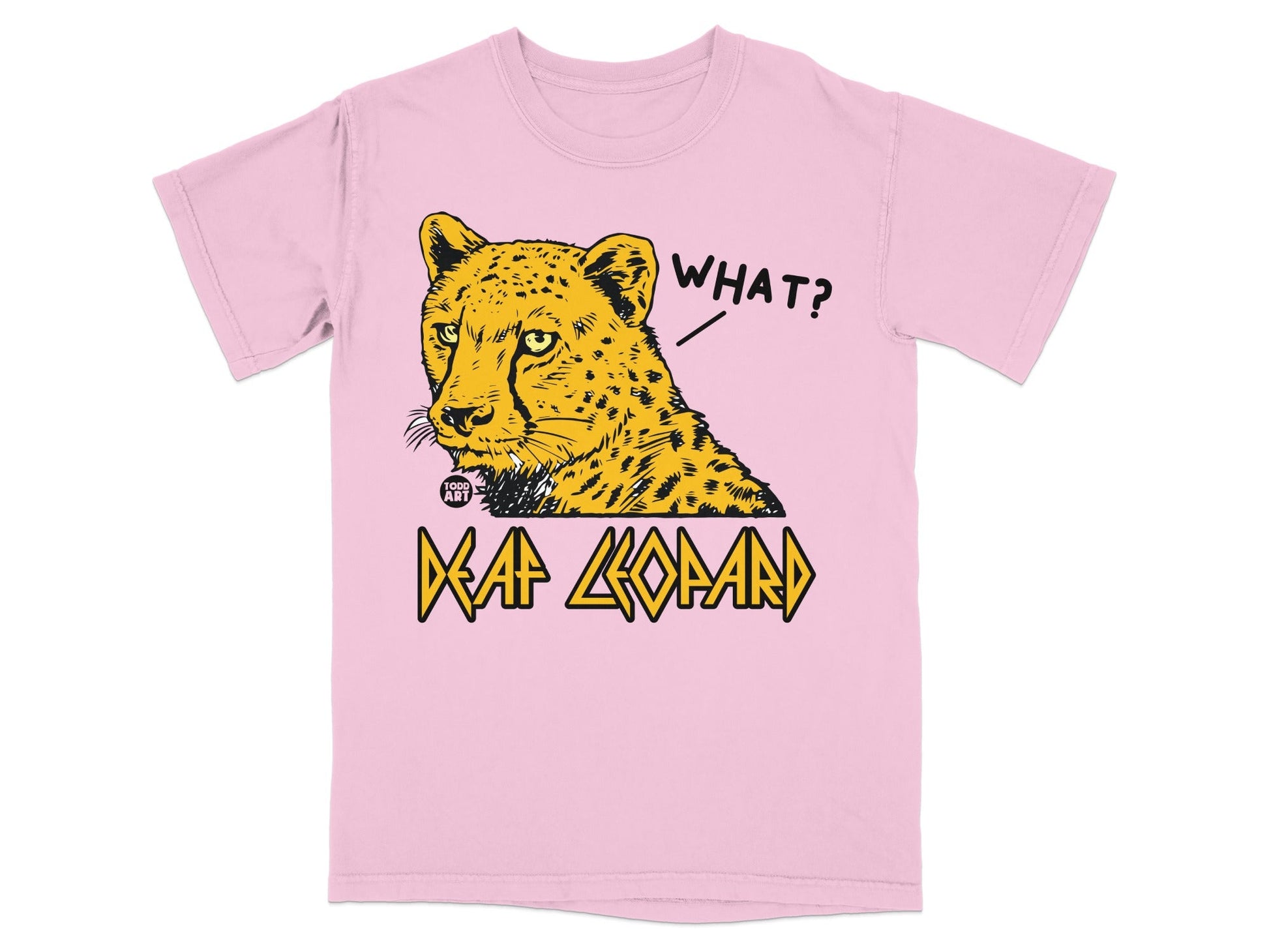 Deaf Leopard 'What?' Pink Graphic T-Shirt