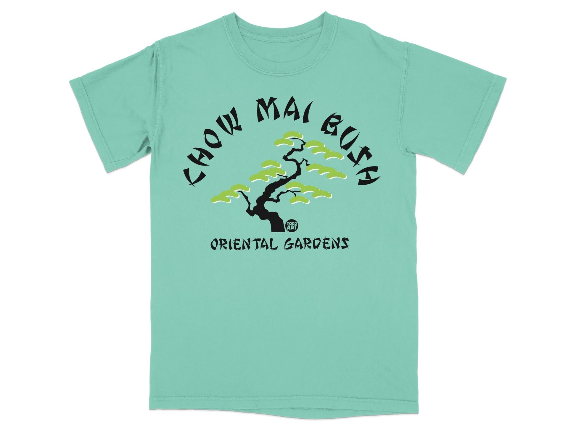 Teal t-shirt with "CHOW MAI BUSH" and "ORIENTAL GARDENS" text above a bonsai tree graphic.