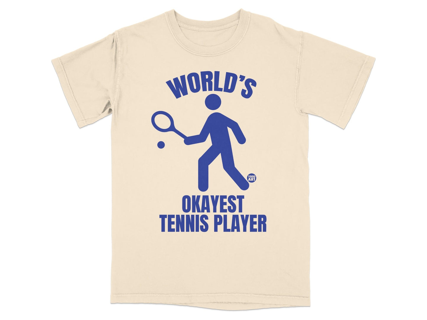 Cream t-shirt with a blue tennis player silhouette and "World's Okayest Tennis Player" text.