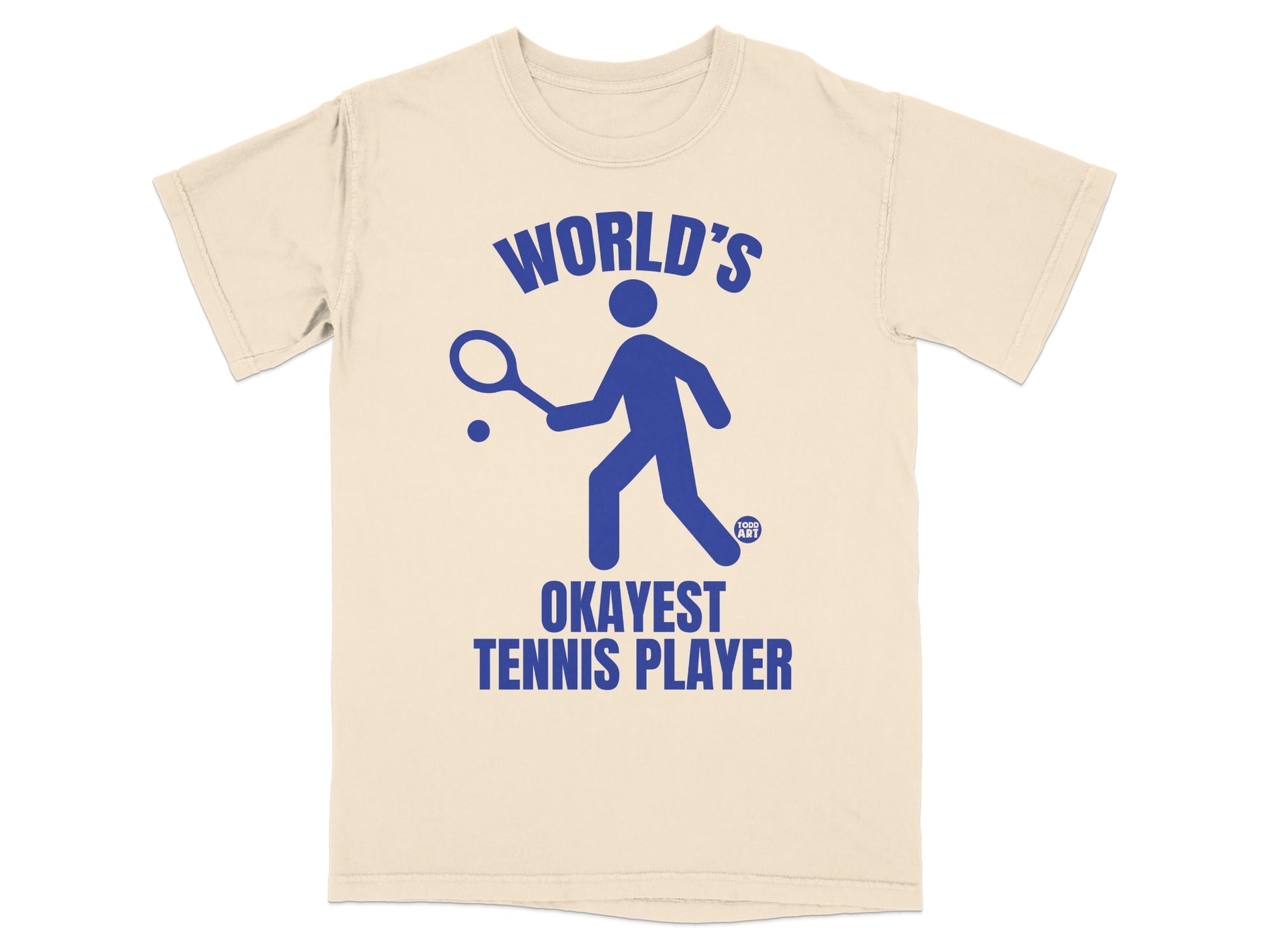 Cream t-shirt with a blue tennis player silhouette and "World's Okayest Tennis Player" text.