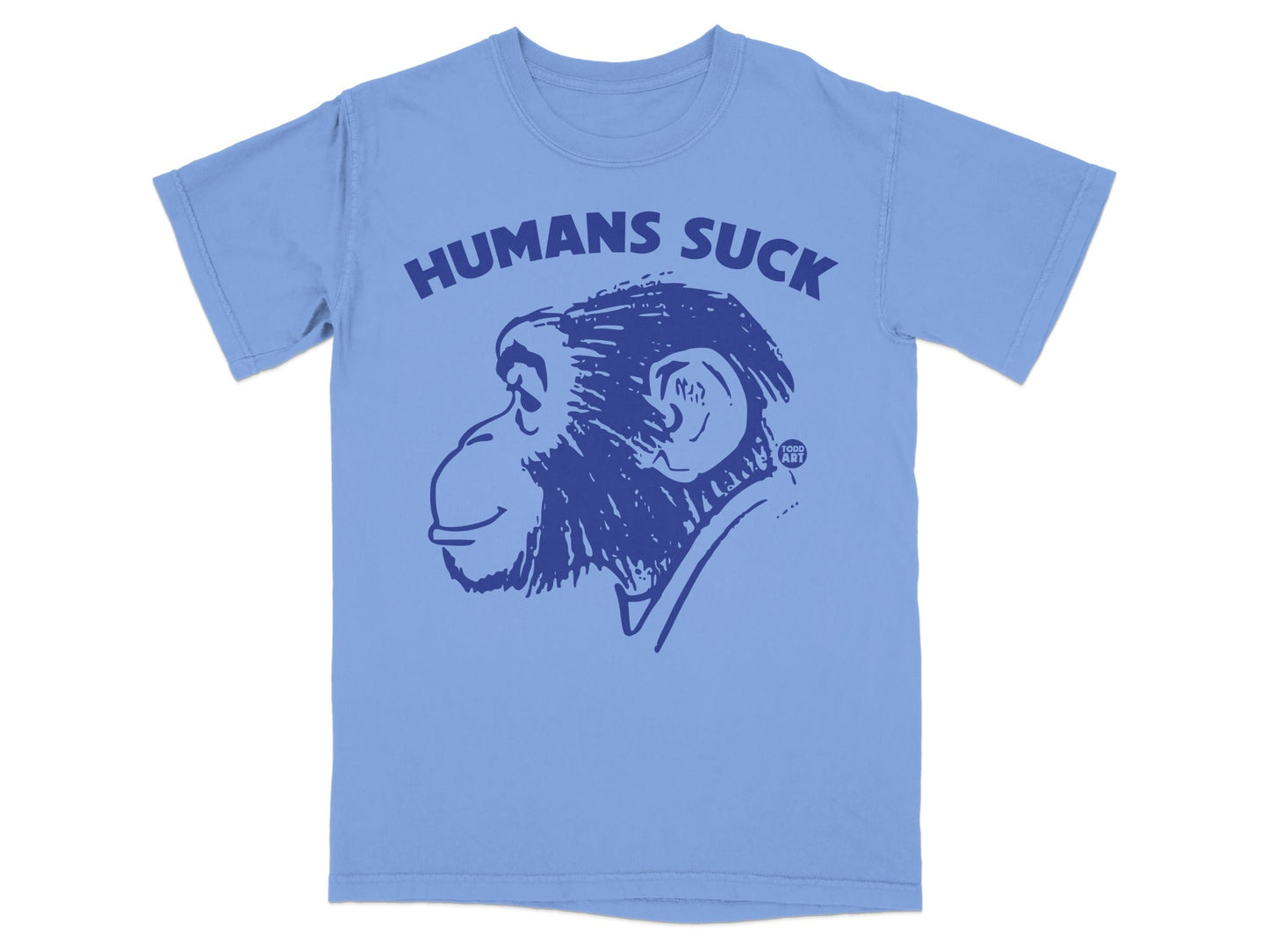 Blue t-shirt with a dark blue graphic of a monkey's head and "HUMANS SUCK" text.