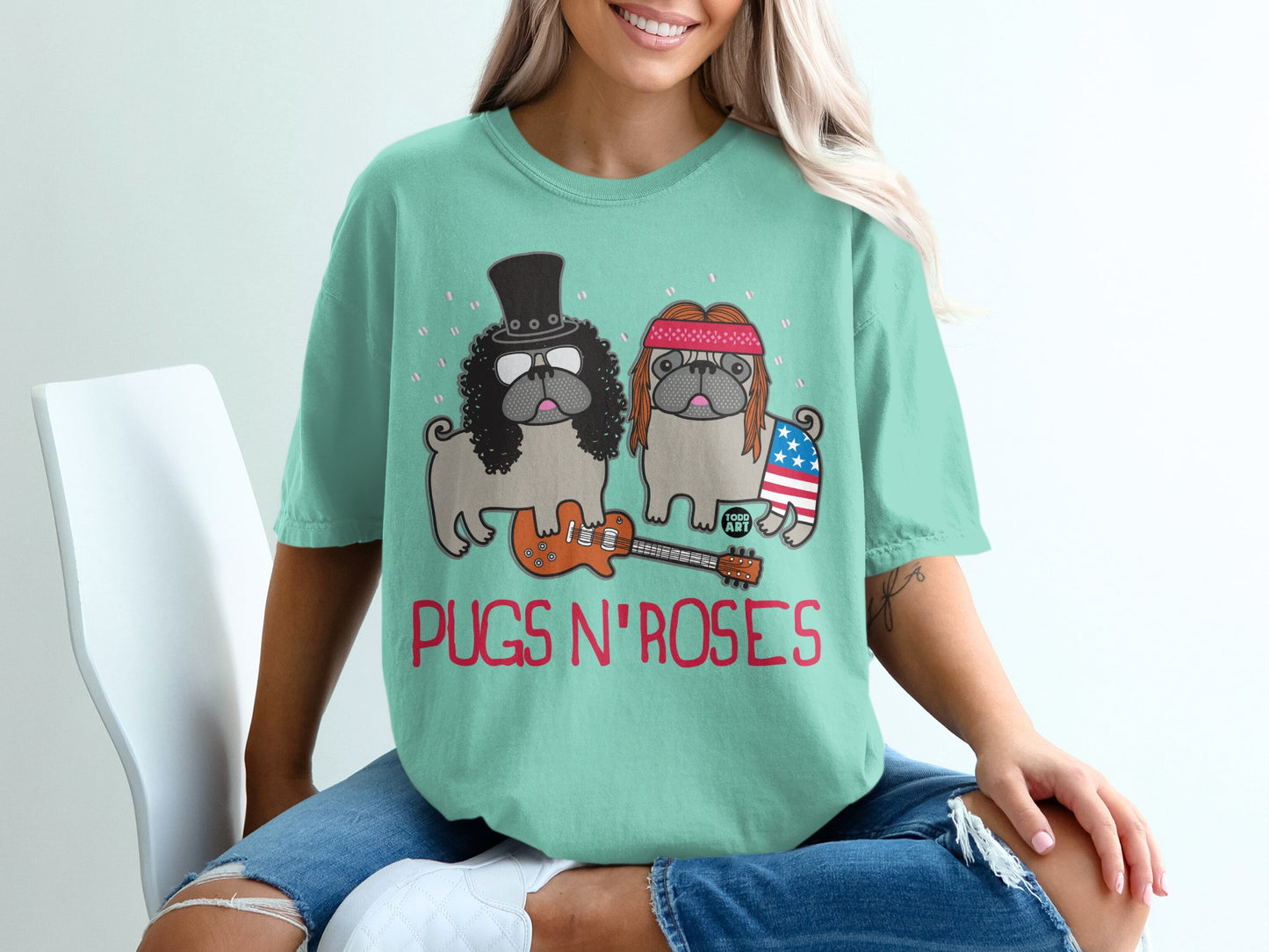 Pugs N' Roses Cute and Fun Dog Graphic T-Shirt