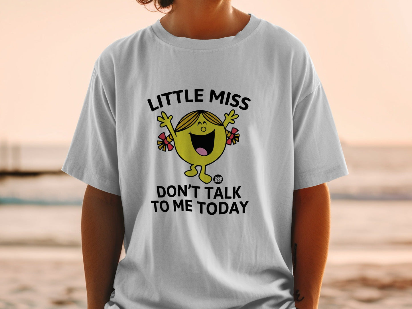 Little Miss t-shirt with cartoon character and "Don't Talk To Me Today" text.