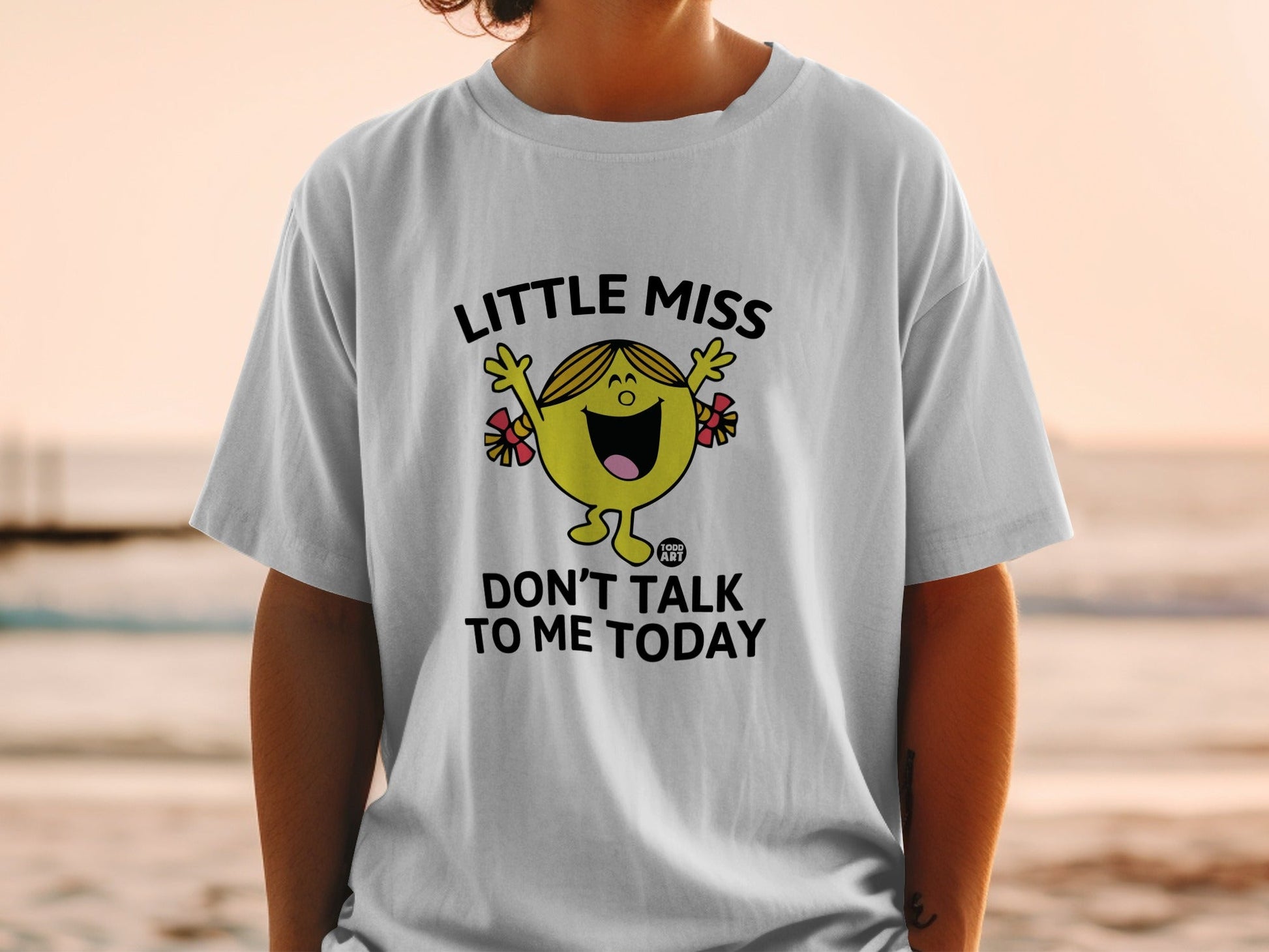 Little Miss t-shirt with cartoon character and "Don't Talk To Me Today" text.