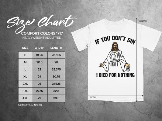 Size chart for Comfort Colors 1717 heavyweight adult tee with graphic.