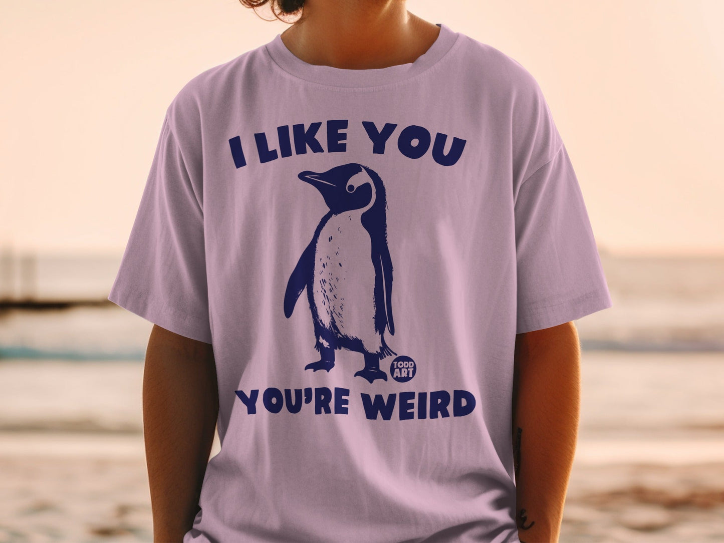 Purple t-shirt with a penguin graphic and text "I LIKE YOU YOU'RE WEIRD".