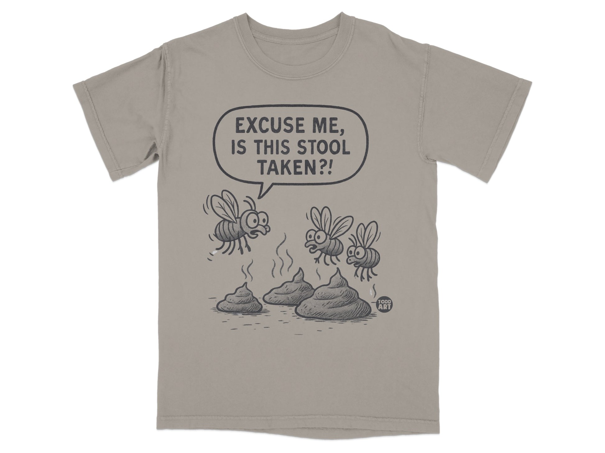 Cartoon of flies reacting to piles of excrement with text "EXCUSE ME, IS THIS STOOL TAKEN?!"