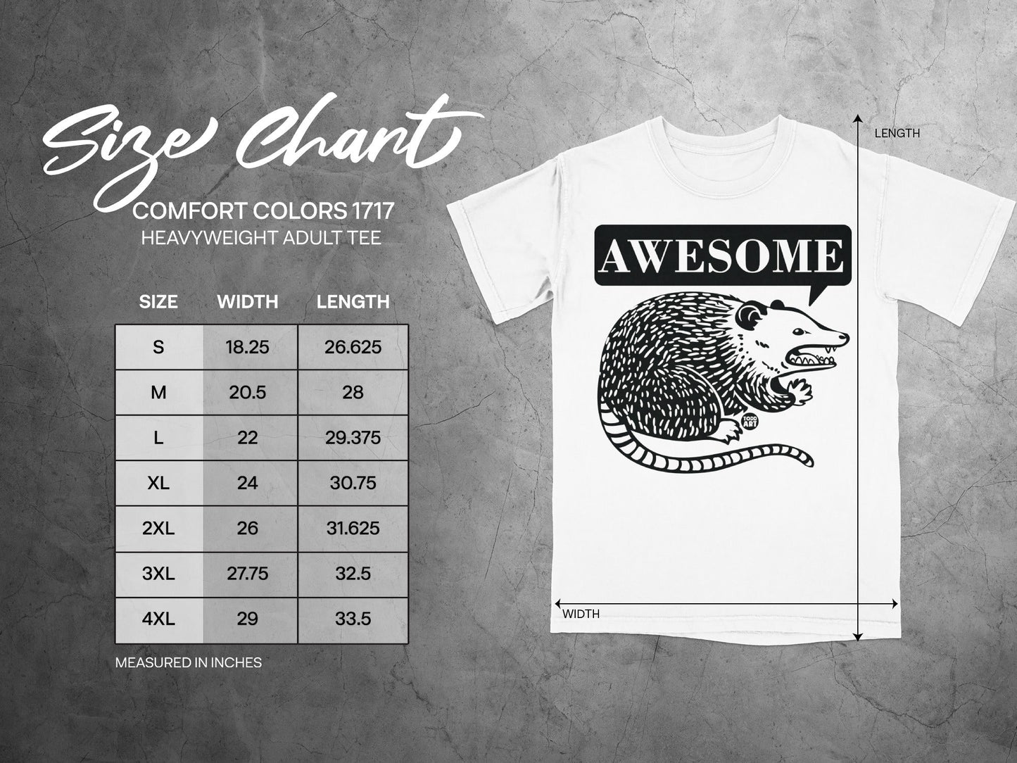 Size chart for Comfort Colors 1717 heavyweight adult tee with opossum graphic.