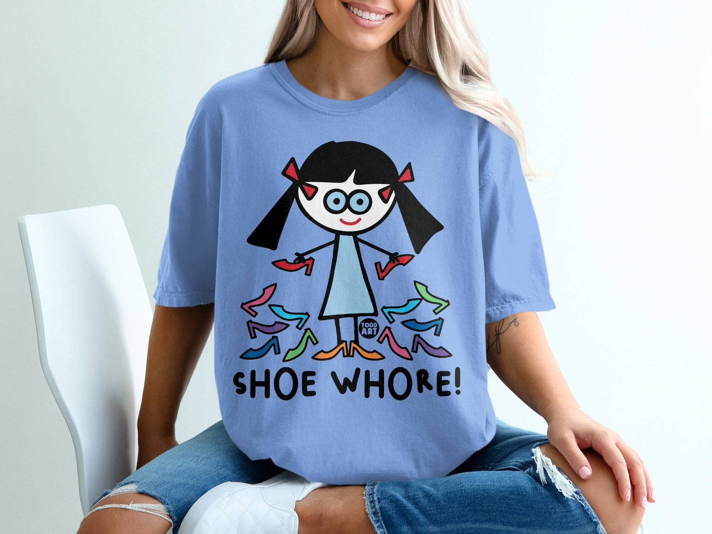 Funny Cartoon Girl Blue Shoe Whore Graphic T-shirt