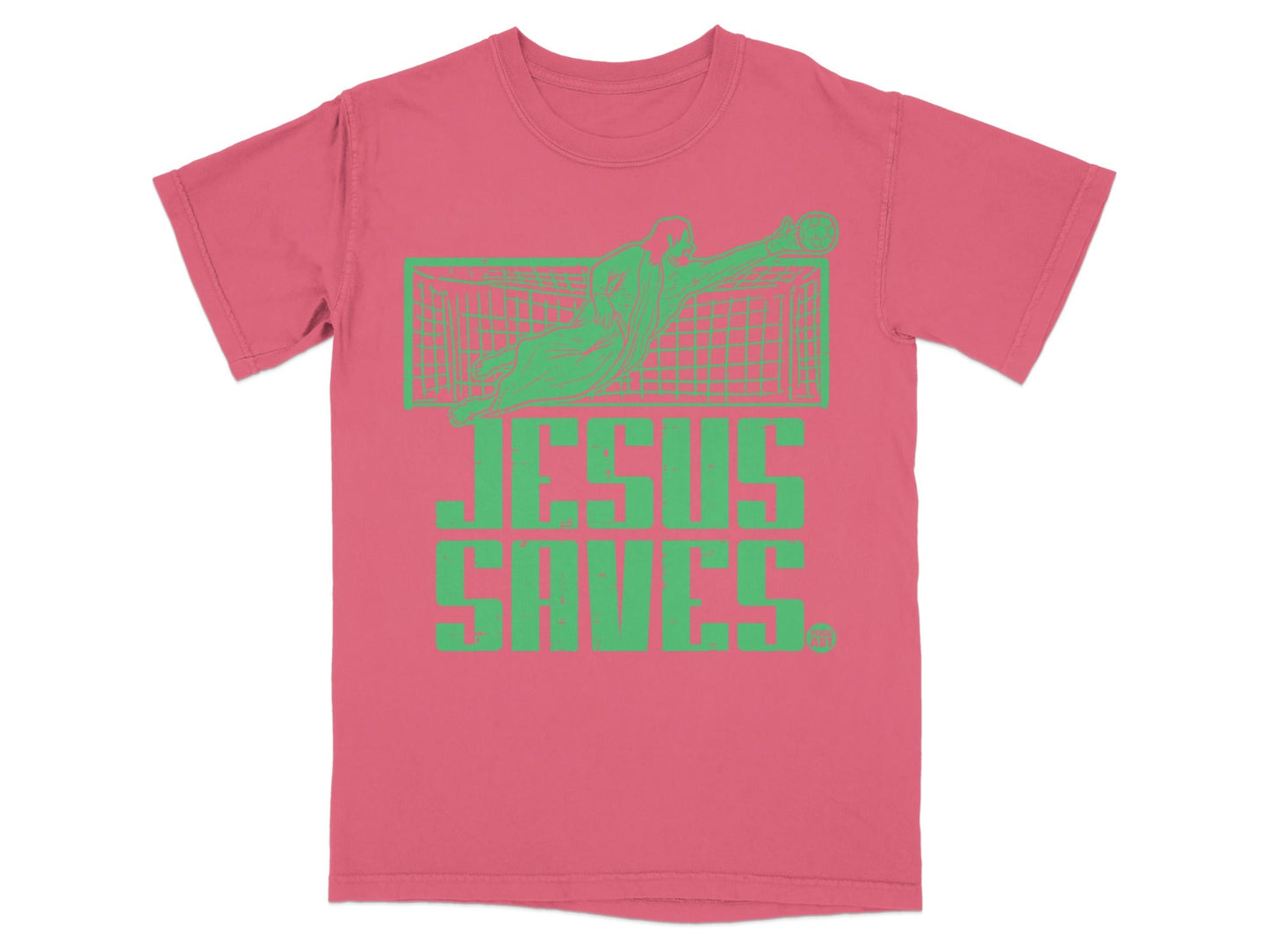 Pink t-shirt with green "JESUS SAVES" text and soccer goalie graphic.