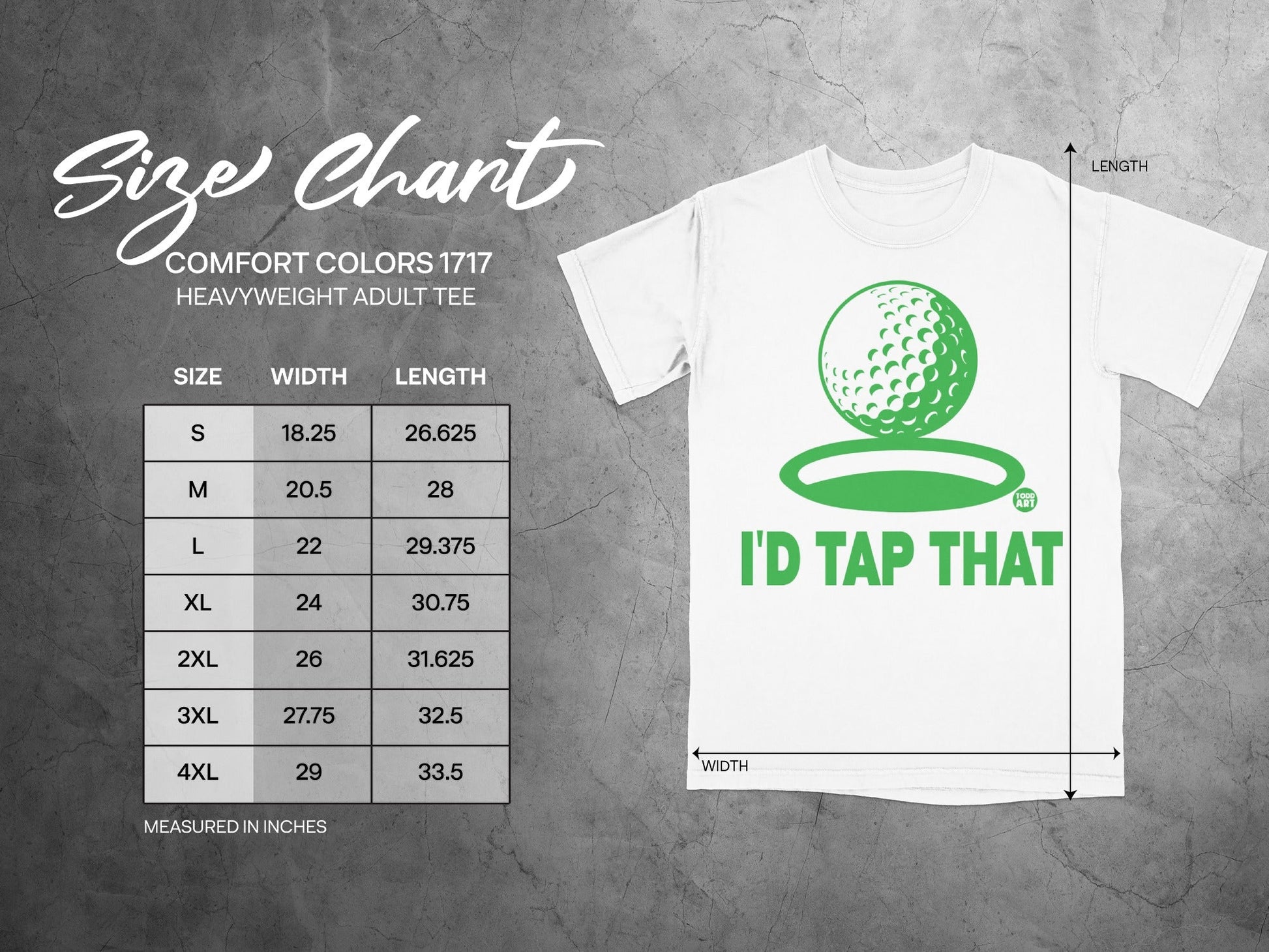 Size chart for Comfort Colors 1717 heavyweight adult tee with golf ball graphic.