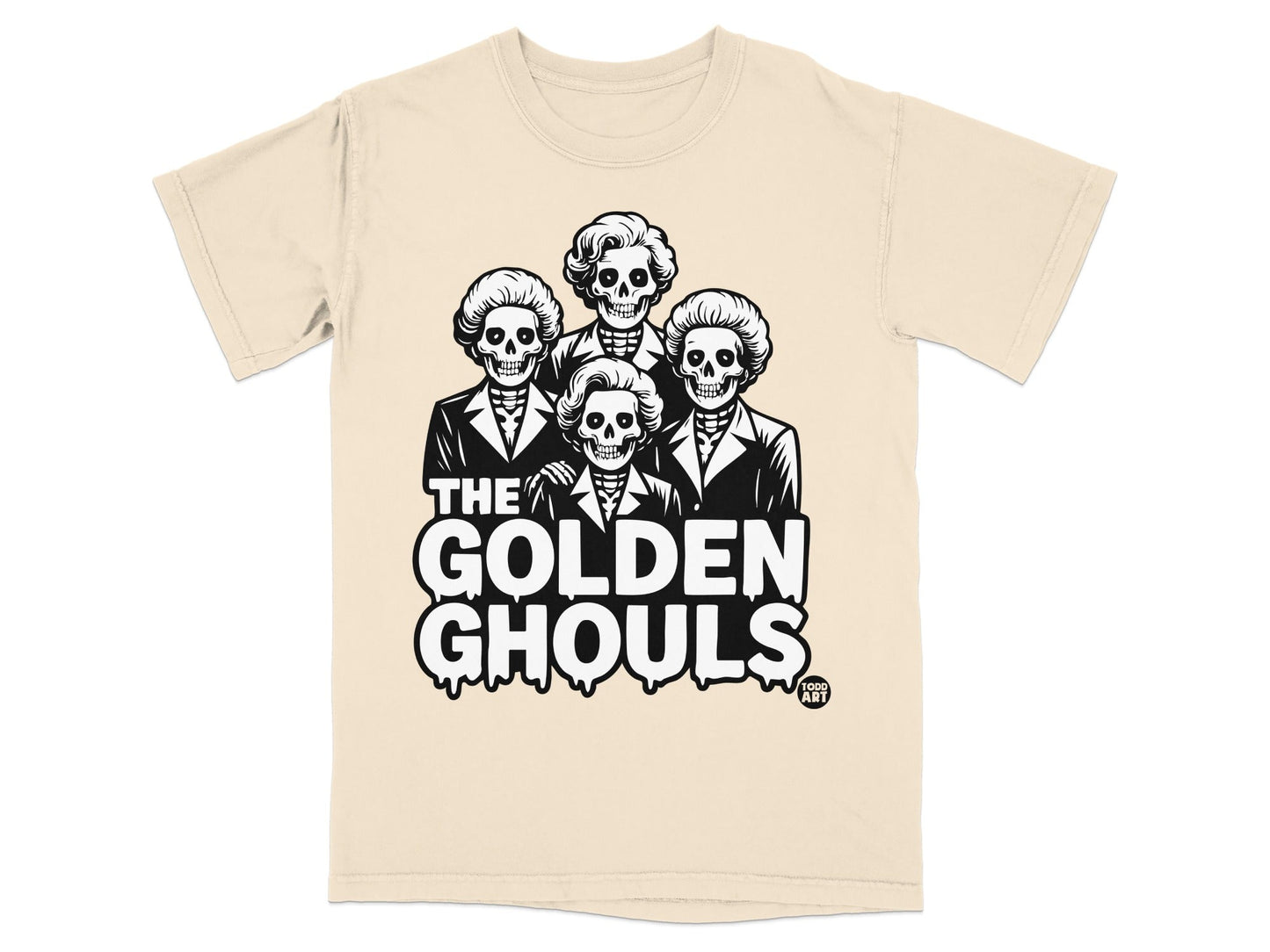 The Golden Ghouls band logo featuring four skeletons in suits and bouffant hairstyles.