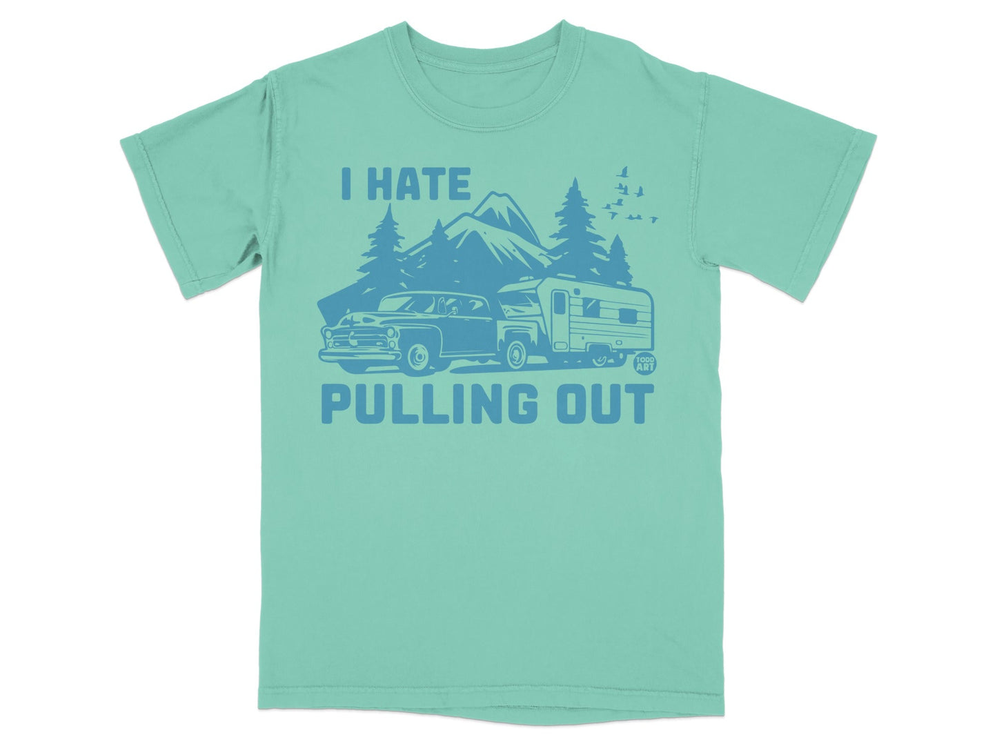Retro camper van and truck with "I hate pulling out" text.