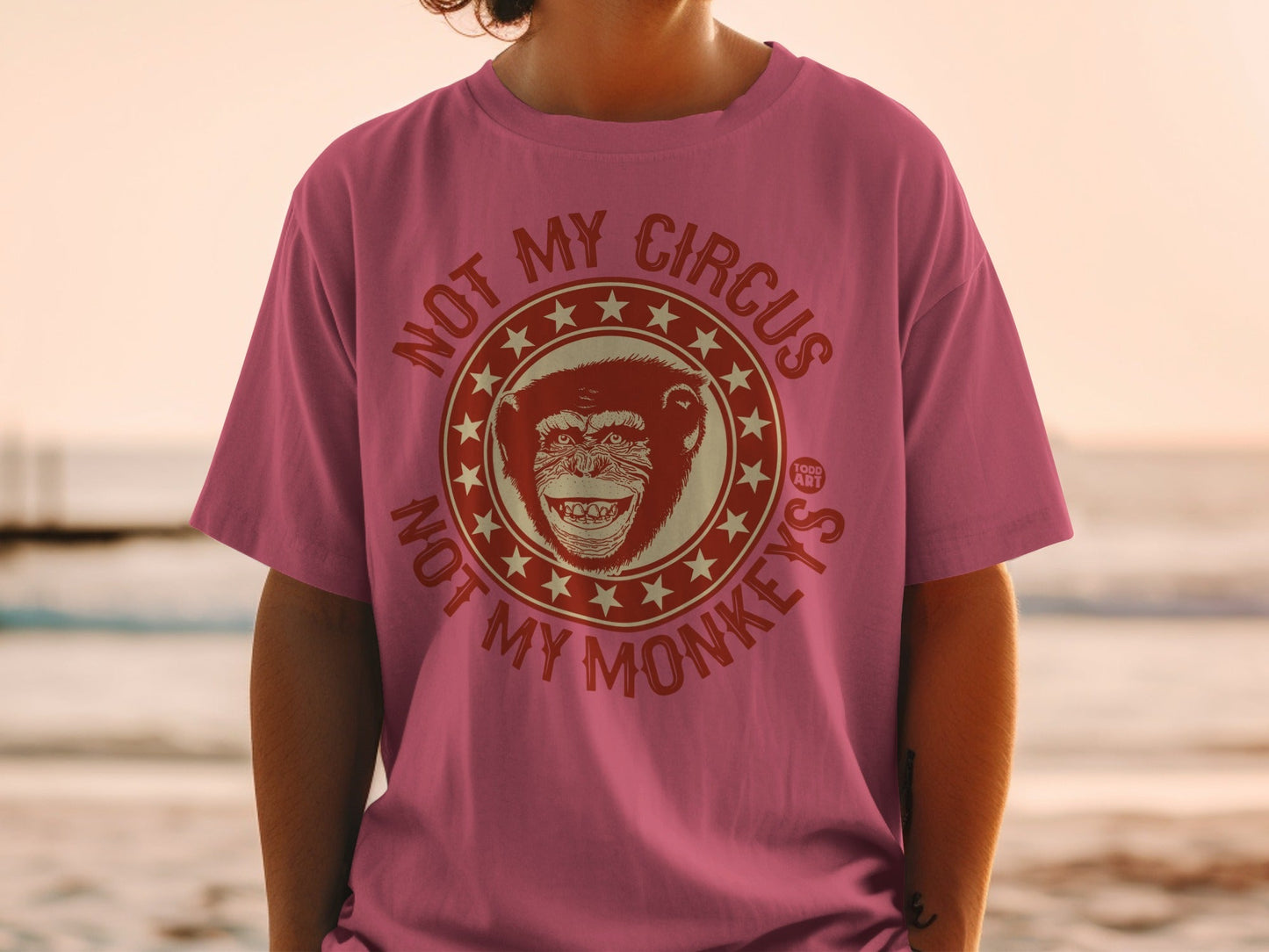 Pink t-shirt with "NOT MY CIRCUS NOT MY MONKEYS" and monkey graphic.