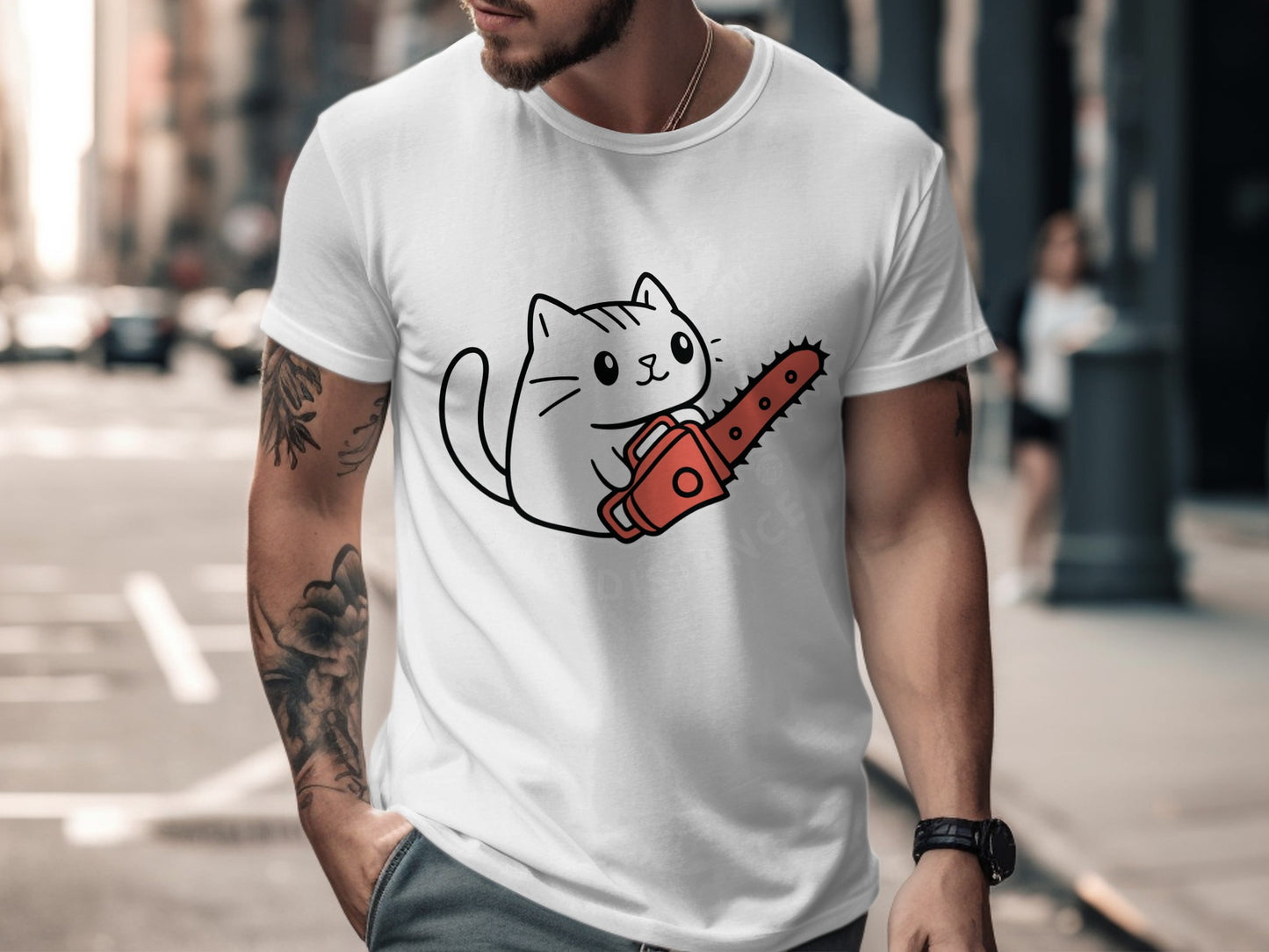 Cute Cat with Chainsaw Graphic T-Shirt