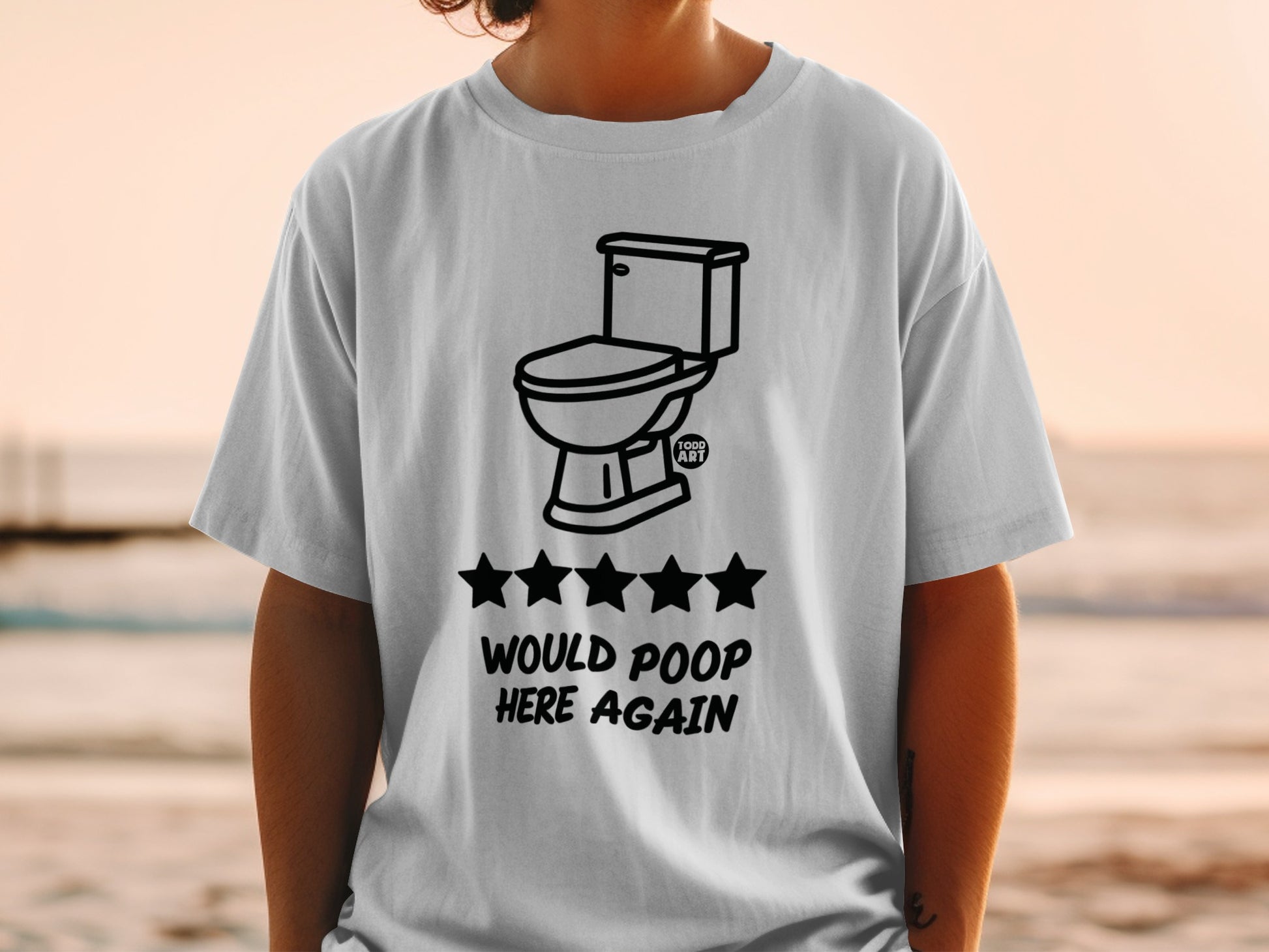 T-shirt with toilet graphic, five stars, and "Would Poop Here Again" text.