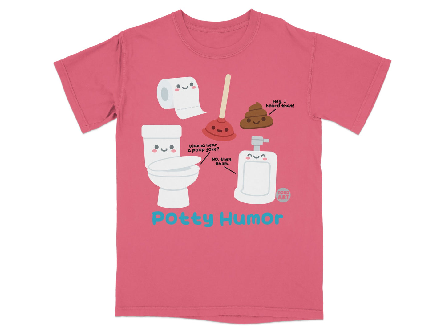 T-shirt with cartoon toilet, toilet paper, and poop making jokes.