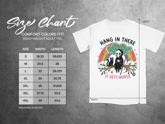 Size chart for Comfort Colors 1717 heavyweight adult tee.