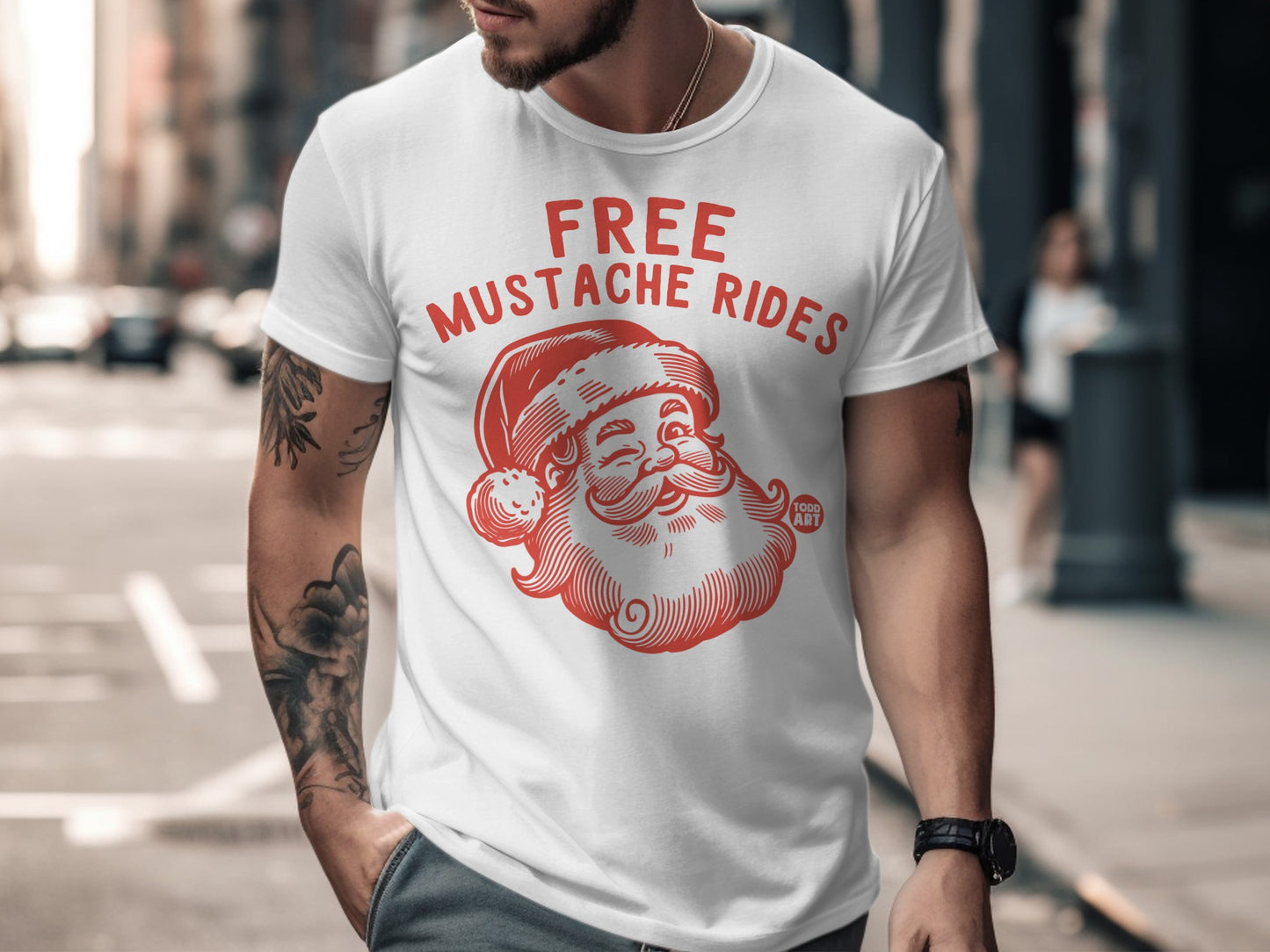 Free Mustache Rides Santa Graphic Tee Shirt