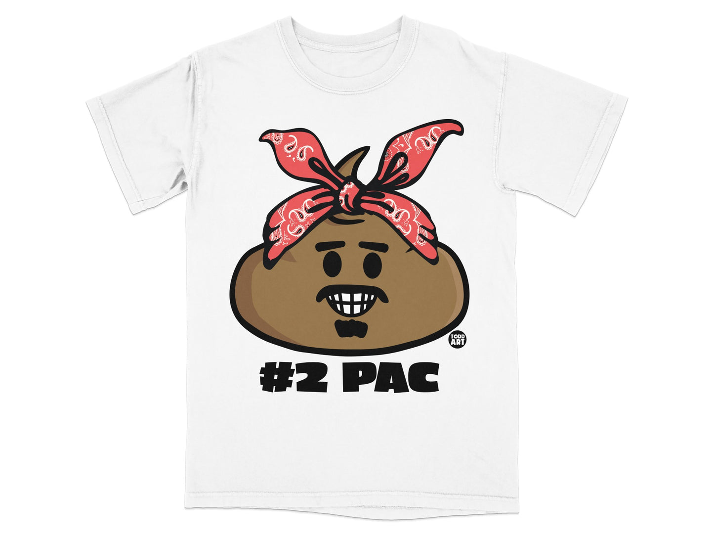 White t-shirt with brown cartoon poop character wearing red bandana, titled "#2 PAC".
