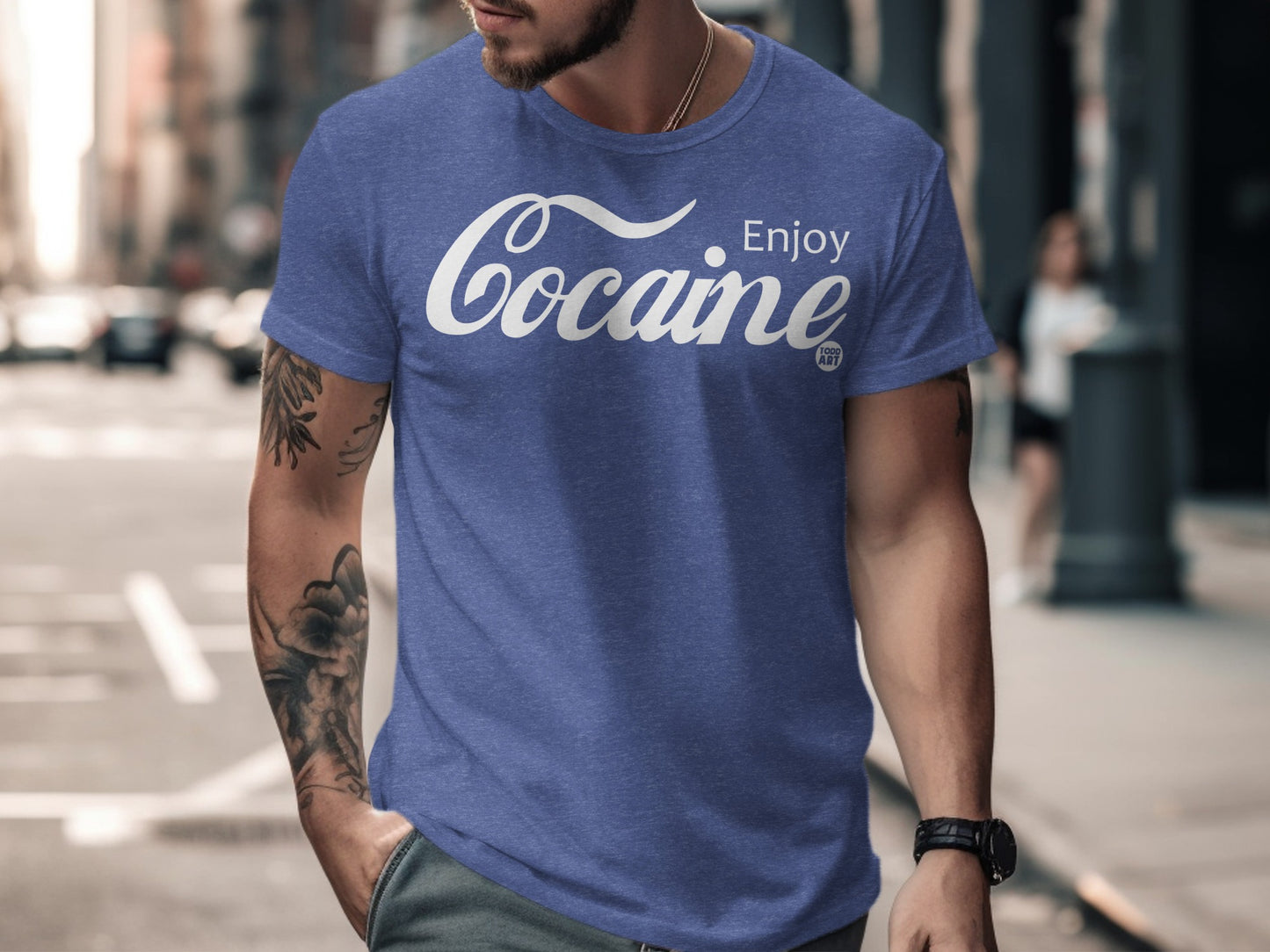 Enjoy Cocaine Slogan on Blue Casual T-Shirt