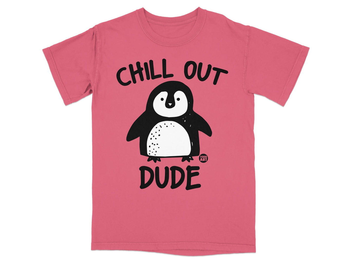 Pink t-shirt with a cartoon penguin and the text "CHILL OUT DUDE".