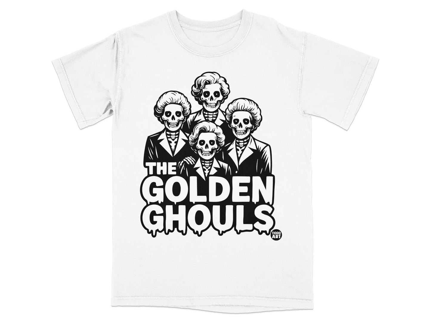 T-shirt featuring four skeleton figures in suits with the text "The Golden Ghouls" and "Good Art" logo.