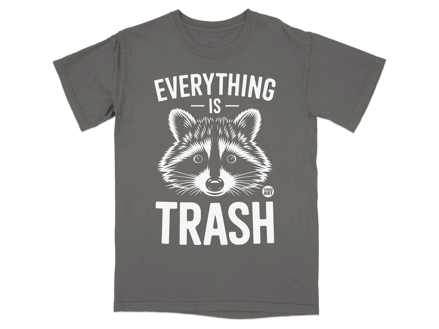 Gray t-shirt with raccoon graphic and text "EVERYTHING IS TRASH".