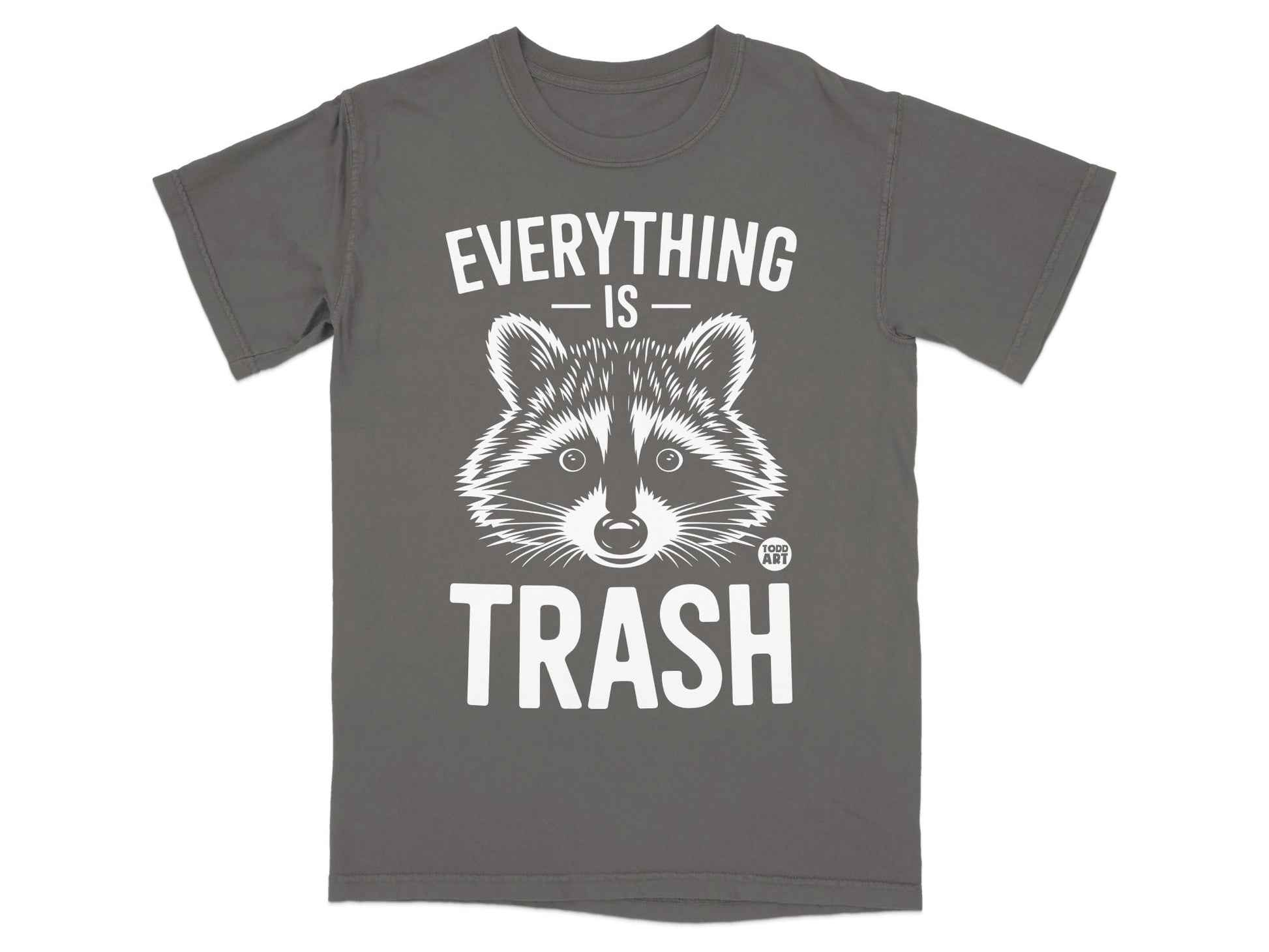 Gray t-shirt with raccoon graphic and text "EVERYTHING IS TRASH".