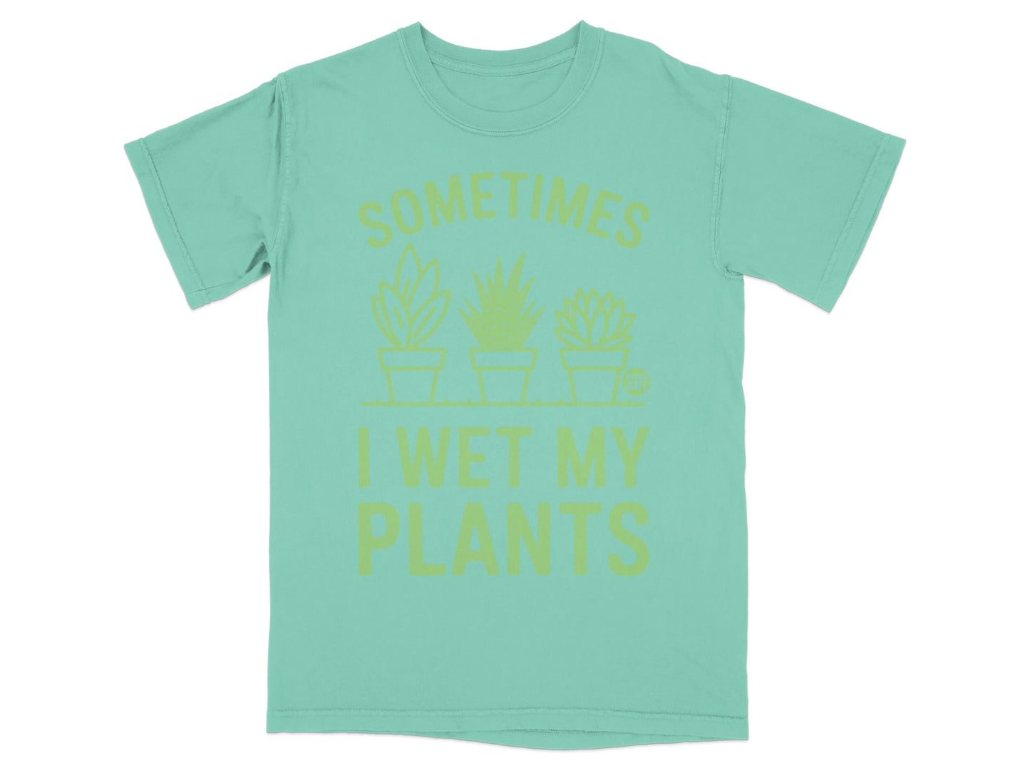 Teal t-shirt with green text and three potted plants graphic.